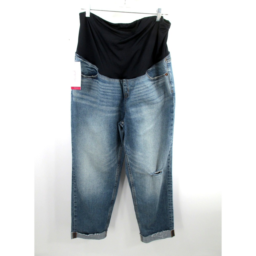 NWT ISABEL MATERNITY Straight Jeans Women 14 Blue Denim Distressed Back Support
